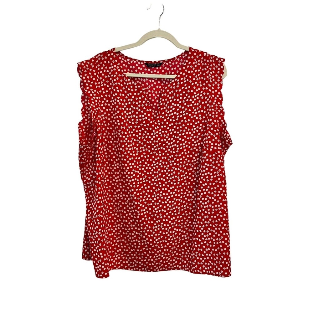 Shein Curve 3XL Plus Womens Blouse Red Ditsy Floral Daisy Scalloped Cap Sleeves